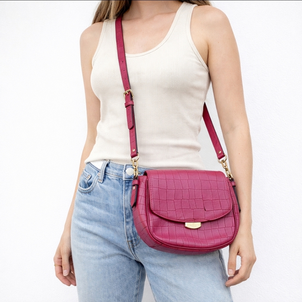 Kate Space Leather Pink Croc Embossed Crossbody Shoulder Bag